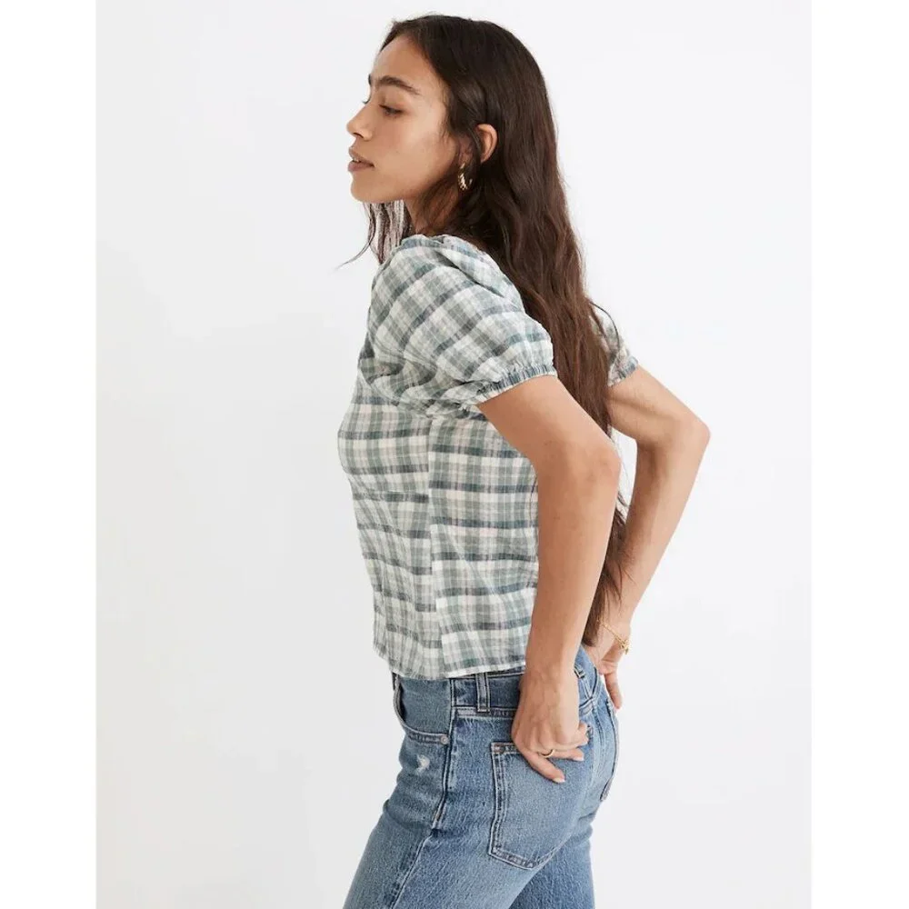 Madewell Plaid Puff-Sleeve Ruched Bodice Top S
